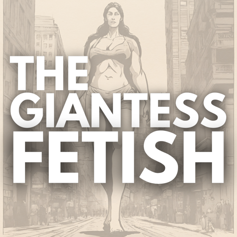 A graphic that reads "the giantess fetish" with an image of a giantess walking through a city.
